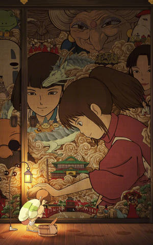 一位身穿紅色和服的少女觸摸發光的燈籠，而神話生物從日本屏風觀察。 — 手機 壁紙