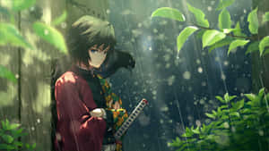 動漫角色身穿紅色和服在雨中森林持刀 — 富岡義勇 壁紙