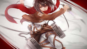 動漫角色身穿戰鬥裝備，手持劍和紅色圍巾跳躍。 — 米卡莎·阿卡曼 壁紙