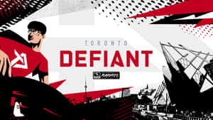身穿紅色球衣的電競選手，搭配多倫多天際線和粗體「Defiant」文字的圖形設計。 — 鬥陣特攻 壁紙
