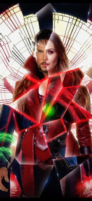 一位臉部分裂、帶有發光綠色核心的超級英雄，被紅色能量碎片包圍。 — Galaxy A07s 壁紙