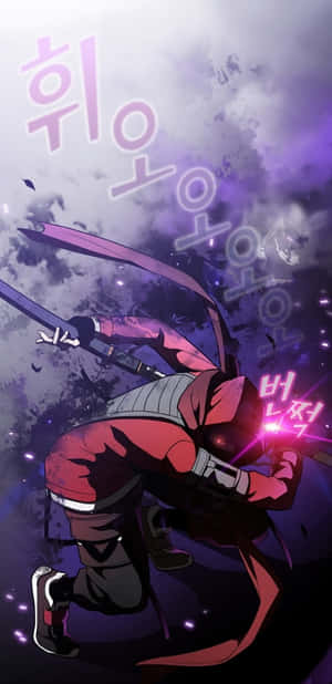 動漫戰士在紫色風暴中揮劍，帶有韓語音效。 — 日本動漫 壁紙