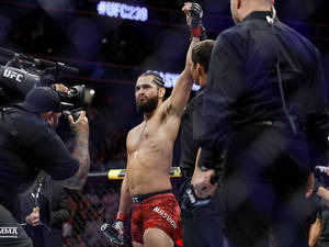 UFC拳手在八角籠內舉拳慶祝勝利。 — 終極格鬥冠軍賽 壁紙