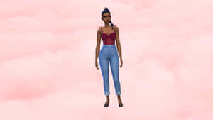 一位身穿紅色緊身胸衣和藍色牛仔褲的數位虛擬化身女性，漂浮在粉紅色雲朵上。 — 電玩遊戲 GIF 壁紙