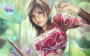 動漫女戰士身穿紅色盔甲，在森林中發光的蓮花間手持法杖。 — 創意 壁紙
