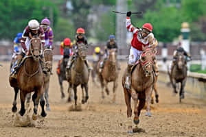 騎師高舉鞭子慶祝勝利，馬匹在泥濘比賽中獲勝。 — 高解析度馬匹 壁紙