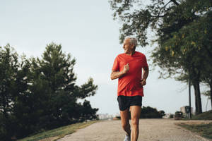年長男性在公園的樹蔭小徑上慢跑。 — Running 壁紙
