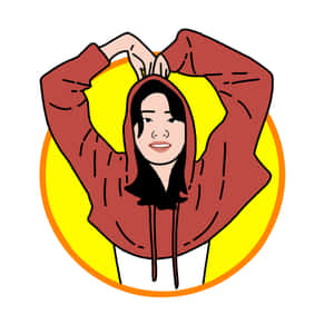 一位身穿紅色連帽衫的微笑女性，在黃色圓圈前用手比出心形。 — 卡通 壁紙