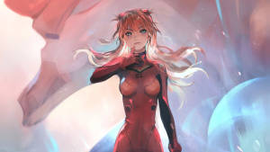 身穿紅色連身衣的動漫女孩，飄逸頭髮，宇宙背景。 — 8K 壁紙