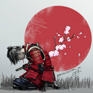 身穿紅色鎧甲的武士在飄落櫻花的紅日前鞠躬。 — 混沌武士 壁紙