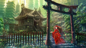 身穿紅色和服的動漫女孩站在森林神社的門前，周圍有發光的燈籠和古老的建築。 — 日本動漫 壁紙