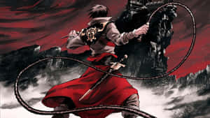 身穿紅袍的動漫戰士揮舞鞭子，對抗暴風雨的紅色天空。 — 惡魔城 壁紙