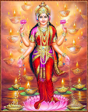 印度教女神站在蓮花上，周圍環繞著漂浮的油燈和蓮花。 — Maa Durga 壁紙
