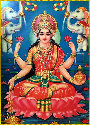 女神坐在蓮花上，大象在她周圍噴水。 — Maa Durga 壁紙