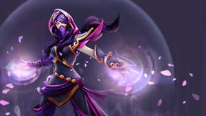 紫色兜帽魔法師施展發光魔法，伴隨飄浮的粉紅花瓣。 — Dota 2 4K 壁紙