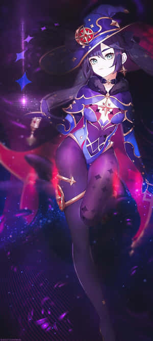 身穿紫色服裝的動漫女巫，被發光的星星和宇宙粒子包圍。 — 20:9 壁紙