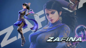 動漫角色 Zafina 身穿紫色服裝，手持發光球體跳躍 — 鐵拳 壁紙