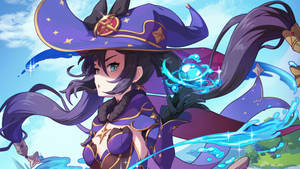 動漫女巫身穿紫色長袍在明亮天空下施展藍色魔法 — 電玩遊戲 GIF 壁紙