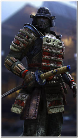 身穿全套鎧甲、手持武士刀，以山脈為背景的武士戰士。 — 榮耀戰魂 壁紙