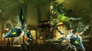 未來忍者戰士突破日本建築中的玻璃。 — 源氏 壁紙