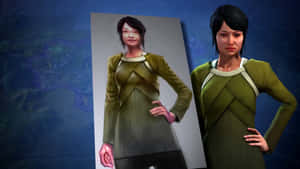 一位身穿綠色未來風格制服的女性站在自己的肖像旁邊。 — 電玩遊戲 GIF 壁紙