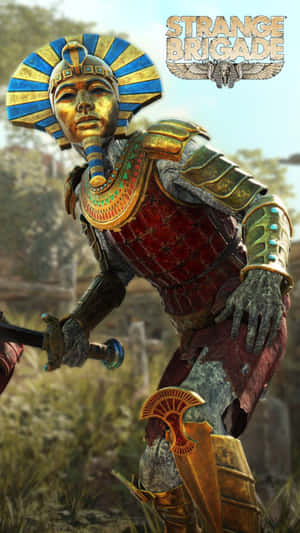 身穿金色盔甲的埃及戰士在草地上手持劍。 — 夜魔俠 壁紙