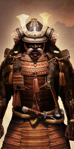 身穿精細盔甲、戴面具和持刀的武士戰士 — 電玩遊戲 GIF 壁紙