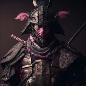 身穿精細盔甲、帶有粉紅色羽毛和面具的武士戰士 — 混沌武士 壁紙