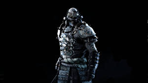 身穿精細盔甲的武士戰士站在黑暗中，帶有藍色發光高光。 — 電玩遊戲 GIF 壁紙