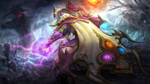奇幻戰士在風暴戰鬥場景中施展紫色魔法。 — 刀塔2 壁紙