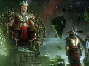 戰士國王在太空中坐在王座上，周圍有漂浮的小行星和星空。 — 鬼殺隊 善逸 壁紙