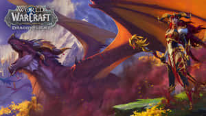 奇幻遊戲藝術中的戰士與龍，伴隨熾熱的山脈。 — 魔獸世界 壁紙