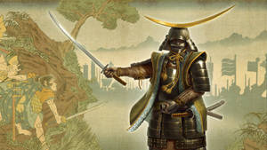 身穿精細盔甲的武士在霧氣繚繞的山景中持劍。 — 日本武士 壁紙
