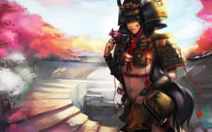 身穿盔甲的武士在櫻花下抱著一隻小狐狸，背景是日落。 — 日本動漫 壁紙