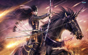 武士騎著獨角獸在熾熱的暴風雨中拉弓。 — 射箭 壁紙