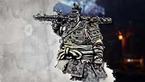 一位身穿精細盔甲的黑暗動漫風格戰士，手持帶刺武器。 — 電玩遊戲 GIF 壁紙