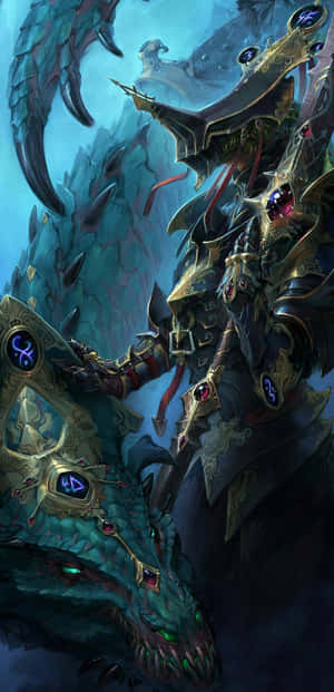 奇幻戰士在冰洞中騎著裝甲龍，伴隨著發光的符文。 — 電玩遊戲 GIF 壁紙