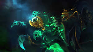 奇幻戰士手持發光綠色武器，被幽靈頭骨包圍在黑暗迷霧中。 — 電玩遊戲 GIF 壁紙
