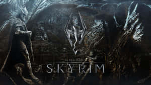 一位身穿華麗盔甲的黑暗奇幻戰士站在Skyrim遊戲標誌前。 — 快龍 壁紙