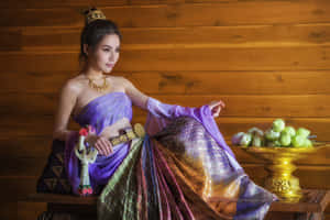 身穿泰國傳統服飾的女性坐在木桌旁，旁邊放著一碗綠色水果。 — 曼谷 壁紙