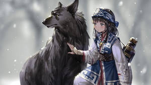 穿著傳統藍白服飾的女孩在雪地森林中撫摸黑狼。 — 狼少女 壁紙