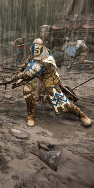 身穿藍金色盔甲的騎士在雨林中與倒下的士兵戰鬥。 — 電玩遊戲 GIF 壁紙