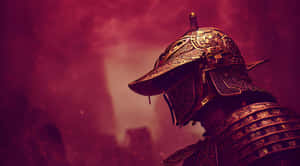 身穿金色鎧甲的武士武士，面對著遠處有廢墟的深紅色戰場。 — 混沌武士 壁紙