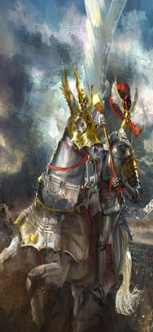 金色鎧甲騎士騎著披甲戰馬穿越風暴戰場。 — iPhone 16 Pro Max 壁紙