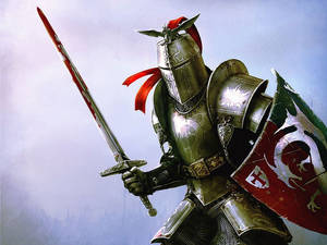 全副武裝的騎士手持劍和帶有龍紋的盾牌。 — 死亡騎士 壁紙