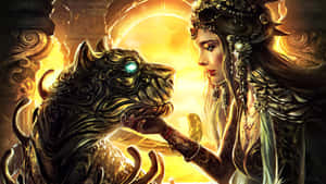 一位身穿鎧甲的奇幻女性，在金色拱門下撫摸一隻眼睛發光的老虎。