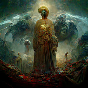 一位身穿長袍的發光人物，與幽靈般存在一同站在神秘洞穴中。 — 登山 壁紙