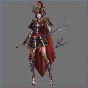 身穿精細盔甲的女武士，手持劍和紅色斗篷。 — 混沌武士 壁紙