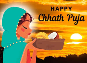 身穿藍綠色服飾的女性在日落時為Chhath Puja奉上椰子和香蕉。 — 慶祝 壁紙