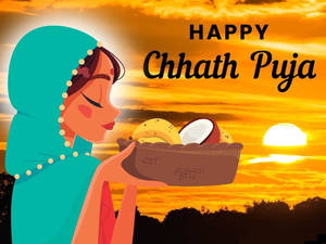 身穿藍綠色的女性在日落時分為Chhath Puja慶典獻上水果。 — 插畫 壁紙